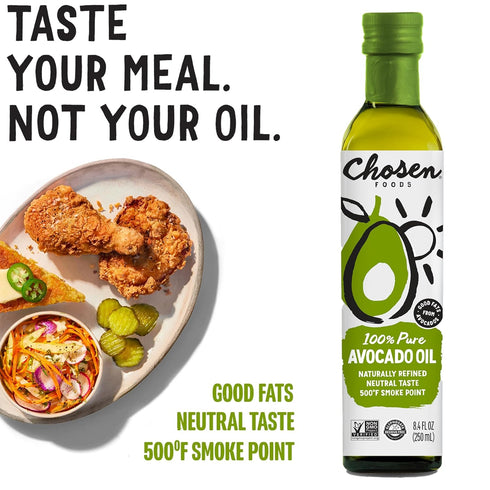 Chosen Foods 100% Pure Avocado Oil, Keto and Paleo Diet Friendly, Kosher Oil for Baking, High-Heat Cooking, Frying, Homemade Sauces, Dressings and Marinades (8.4 fl oz)