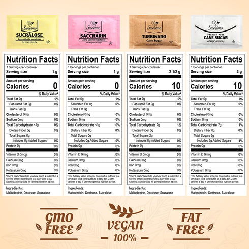 Sweetmo Packets Pack 400 Count Sugar Variety - Sucralose, Raw Sugar, Saccharin, Cane Sugar with Wooden Stirrers