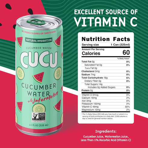 11 oz 12 Pack CUCU Pressed Cucumber + Watermelon Water Real Juice from Fresh Cucumbers and Watermelons with Vitamin C