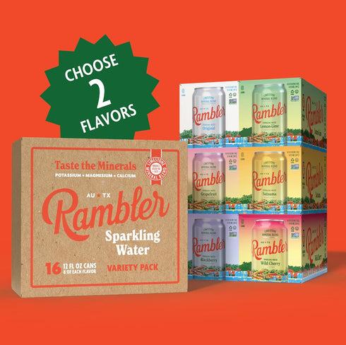 Pack 8-Packs (16 AUTX Rambler Sparkling Water, Texas Limestone Mineral Blend, Build Your Own Variety - Pick Two Flavors