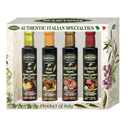 Mantova Organic Flavored Balsamic Vinegar of Modena 4-Variety Pack: Fig, Pear, Pomegranate,