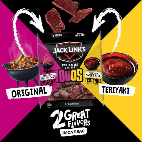 100 Packs 11g Pack 3.25oz (4 Count) Jack Link's DUOs Original and Teriyaki Beef Jerky, Shareable Under Calories Snack