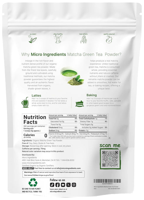 2 lb 100% 0 Packaging Micro Ingredients Organic Matcha Green Tea Powder, | First Harvest, Culinary Grade from Japan |