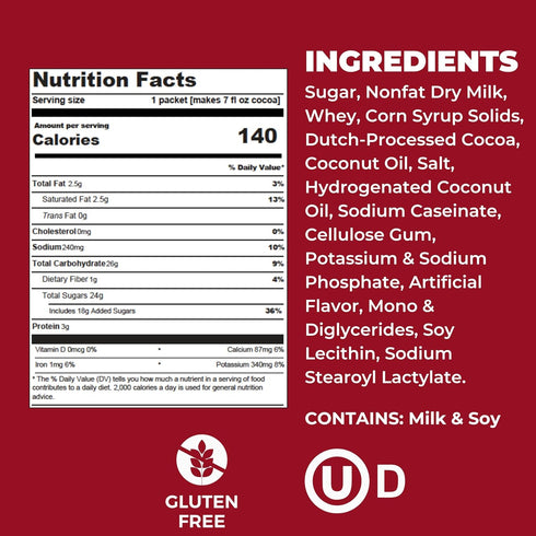 1.25oz Packets (Pack 36) Cocoa Classics Raspberry Cocoa Mix, Hot Chocolate, Made with Nonfat Milk, Just Add Hot Water