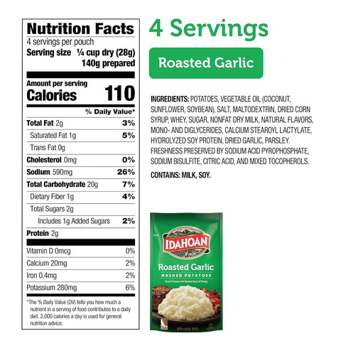 100% 4 4 (Pack 12) Idahoan Roasted Garlic Mashed Potatoes, Naturally Gluten-Free, Real Idaho Potatoes, servings per