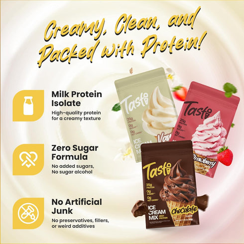 TASTI <150 (6-Pack, 2 High-Protein Ice Cream Mix - Chocolate, Vanilla, & Strawberry Sugar Free Ice Cream Powder - Made