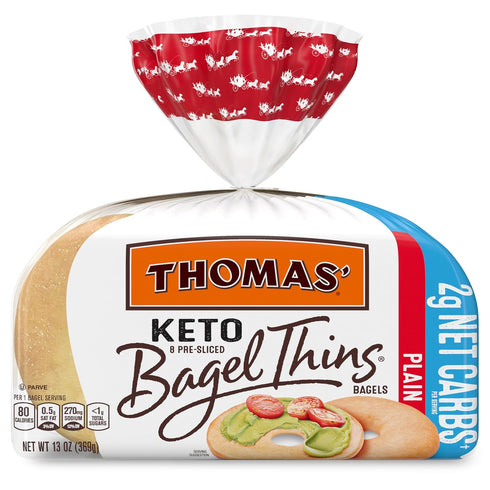 THOMAS' 8 count, (1.63 oz 13 oz Keto Plain Bagel Thins, each), Bagels, Bag