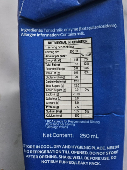 Generic 0.1% (250ml) (pack 4) Lactose Free Milk, Less Than Lactose Content, High in Protein and Calcium