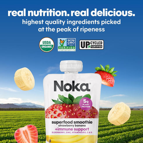 Immune 4.22 oz (Pack 24) Noka Superfood Fruit Smoothie Pouches with Support, Strawberry Banana, Healthy Snacks