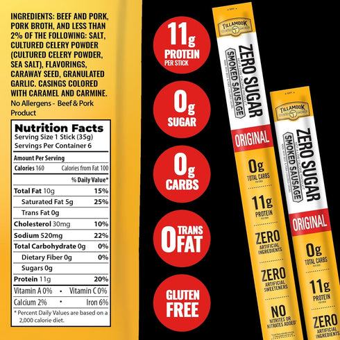 Country Pack (18 Count) 11g Tillamook Smoker Zero Sugar Beef & Pork Sticks Variety - Original, Spicy Jalapeno