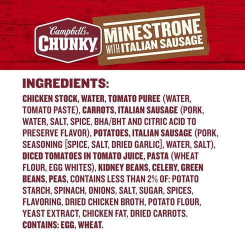 18.8 Oz Campbells Chunky Soup, Minestrone with Italian Sausage Soup, Can