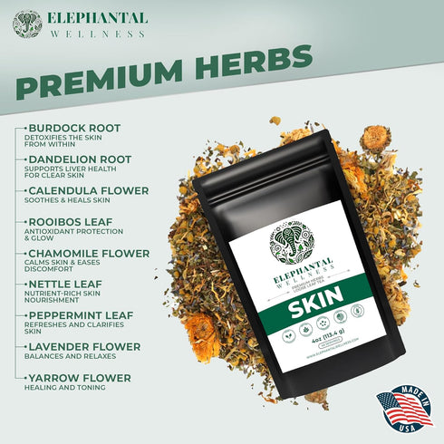 Elephantal Wellness 4oz 40 Premium Skin Herbal Tea | Radiance & Clarity Support with Burdock, Dandelion Root Tea