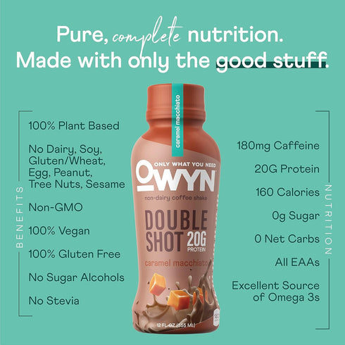 0g 20g 180mg (12 Pack, 12 Oz) OWYN Only What You Need Double Shot Dairy Free Keto Protein Coffee Shake, Caramel