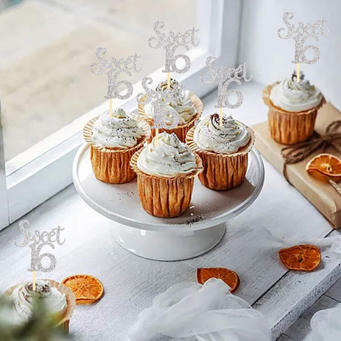 Ercadio Silver Sweet 16 Cupcake Toppers - Glitter Age Sixteen Picks for 16th Birthday Party Cake Decorations, 24 PCS