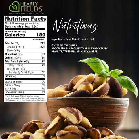 (16 Oz 1 LB) Hearty Fields - Brazil Nuts Roasted & Salted - No Shell, Whole - Wholesome In Nature - Hearty In Nurture