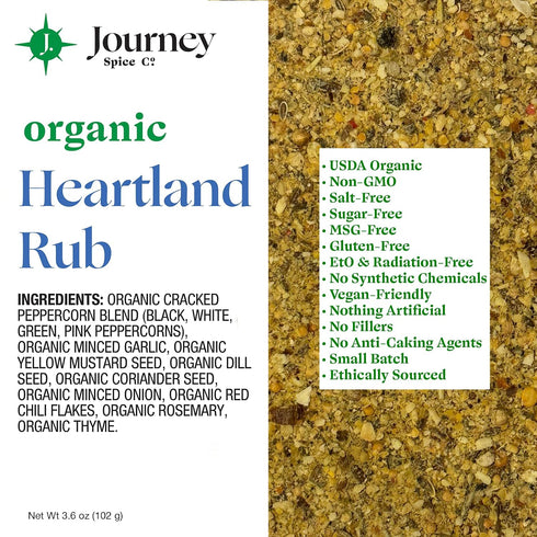 3.6 oz. Organic Heartland Rub by Journey Spice Co. | Gourmet Coarse All-Purpose Dry Rub Inspired by Chicago Steak