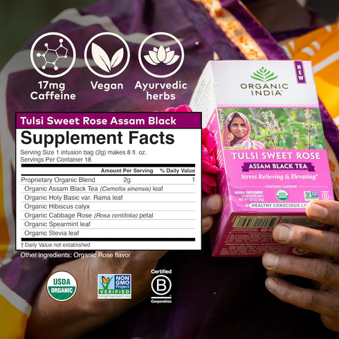 17mg 18 (Pack 3) Organic India Tulsi Sweet Rose Assam Black Tea - Stress Relieving & Elevating, of Caffeine Per Cup