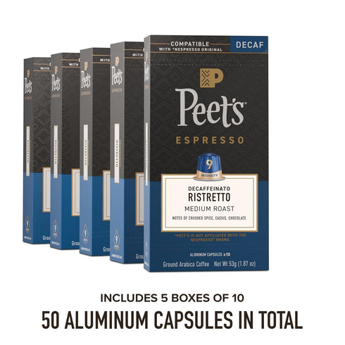 10, 50 (5 10 Peet's Coffee, Medium Roast Decaf Espresso Capsules, Compatible with Nespresso Original Machine