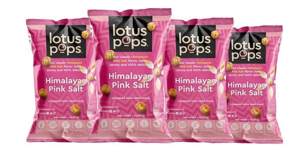 Lotus Pops - Popped Lotus Seed Snacks, Low Calorie Gluten Free and Vegan Snacks, Himalayan Pink Salt 4 Packs