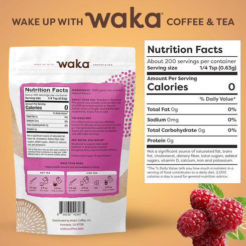 100% 200 (4.5oz) Waka Instant Green Tea Mix, Raspberry Flavored - Tea Leaves, No Additives, Unsweetened Tea Powder