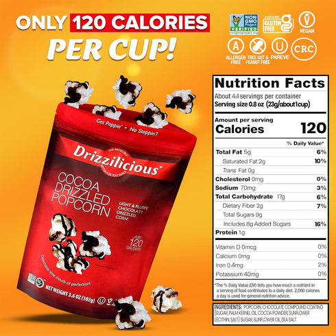 120 3.6 oz (Pack 6) Drizzilicious Cocoa Popcorn - Healthy Chocolatey Flavored Popcorn, Low Cal Kettle Corn, Vegan