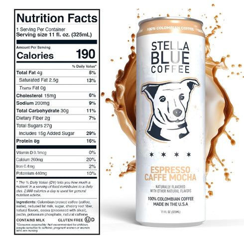100% 190mg 11oz 12 Pack Stella Blue Espresso Caffe Mocha Cans, Ready-to-Drink Coffee Energy Beverage, Colombian Coffee