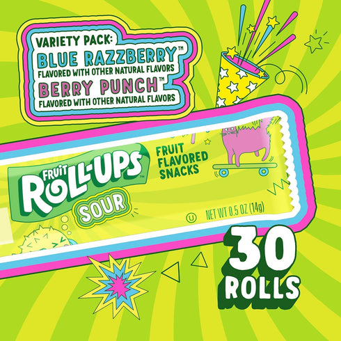 Fruit Roll-Ups Pack, 15 oz (30 Count) Sour Fruit Flavored Snacks, Blue Razzberry & Berry Punch Flavors, Variety