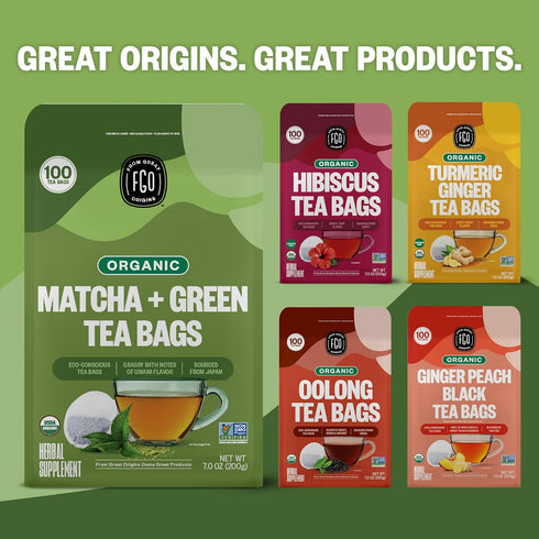 100 Count, Packaging (Pack 1) FGO Organic Japanese Matcha + Green Tea, Eco-Conscious Tea Bags, Resealable Bag, May Vary