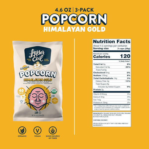 4.6 Oz (Pack 3) LesserEvil Himalayan Gold Organic Popcorn, Premium Quality, Minimally Processed, No Vegetable Oil