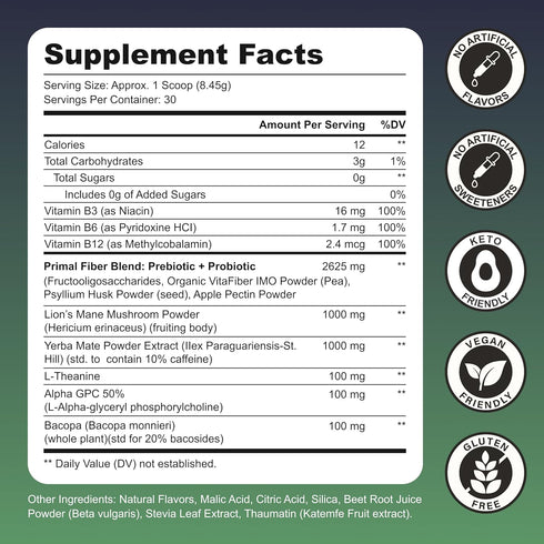 30 Yerba Mate Instant Tea Powder Zero Sugar Drink with Nootropics, Prebiotics & Probiotics for Clean Energy & Focus