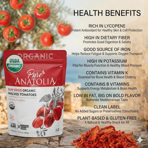 Packed, 3.17 oz Pure Anatolia Organic Sun-Dried Tomatoes Halves Cut Dry No Oil Added, Unsulfured, No Preservatives