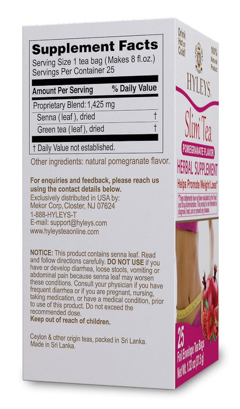 Hyleys Slim Tea Pomegranate Flavor - Herbal Supplement for Weight Loss, Cleanse & Detox - 25 Tea Bags