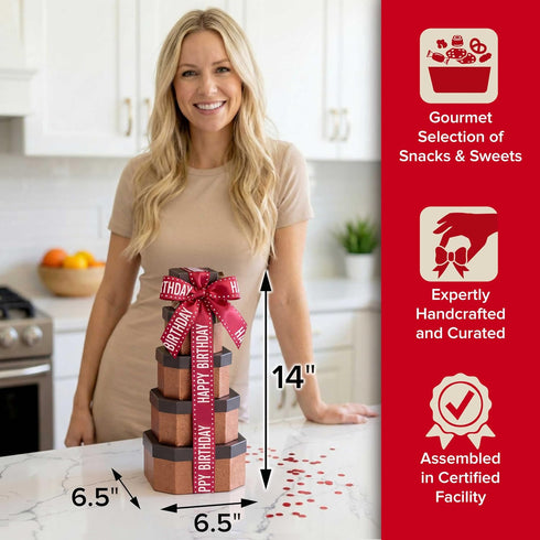 Birthday Gift Basket Tower for Women, Him, Gourmet Snacks & Sweets Food Gifts, Treat Box with Cookies, Delicious