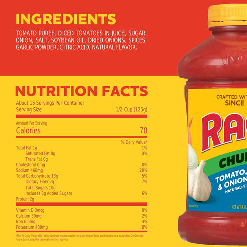 66oz (Pack 4) Pasta Sauce, Chunky Garden Style, Tomato-Onion
