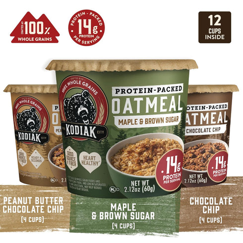 Pack: Kodiak Cakes Instant Oatmeal Cup Variety Peanut Butter Chocolate Chip, Maple & Brown Sugar, & Chocolate Chip