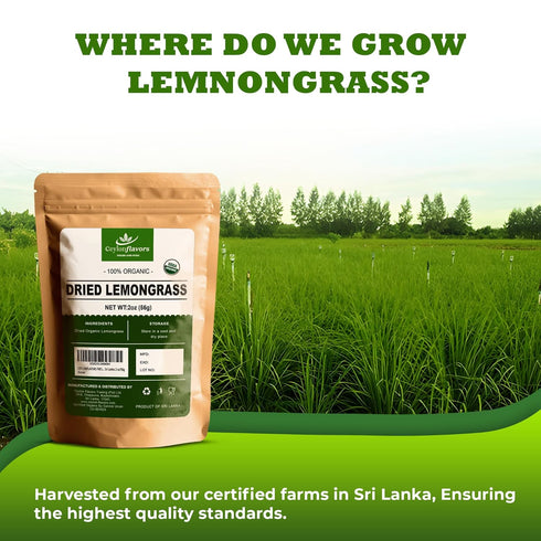 Organic Premium Grade Dried Lemongrass Cut, 2 oz/56g, Harvested from Organic Farm in Sri Lanka