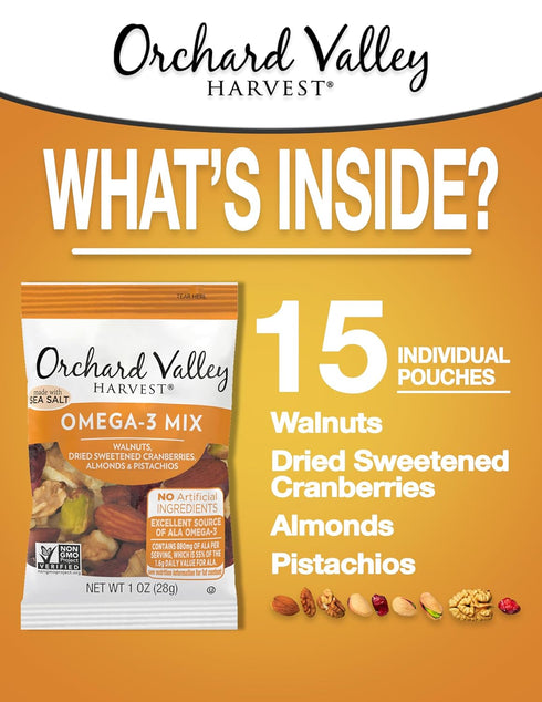 Omega-3 1 (Pack 15), Orchard Valley Harvest Mix, Ounce Bags of Walnuts, Cranberries, Almonds, and Pistachios, Gluten