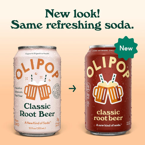 12 oz (4 OLIPOP Prebiotic Soda Pop, Classic Root Beer, Prebiotics, Botanicals, Plant Fiber, fl Cans)