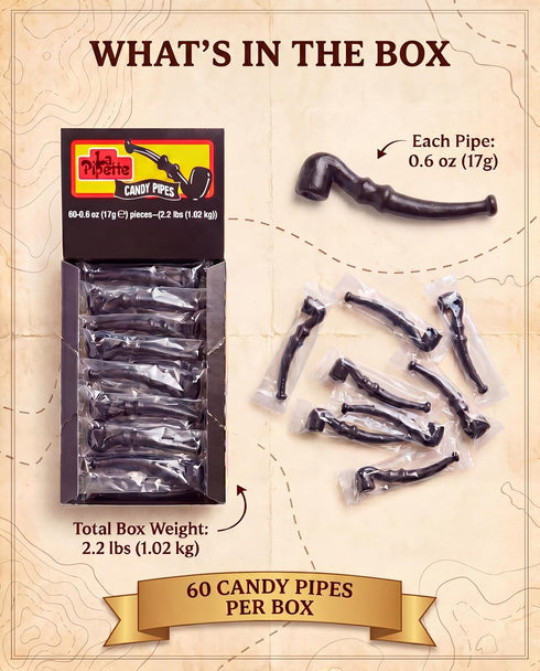 60, La Pipette Gourmet Black Licorice Pipes - Old Fashioned Individually Black Wrapped Candy Liquorice - Sweet