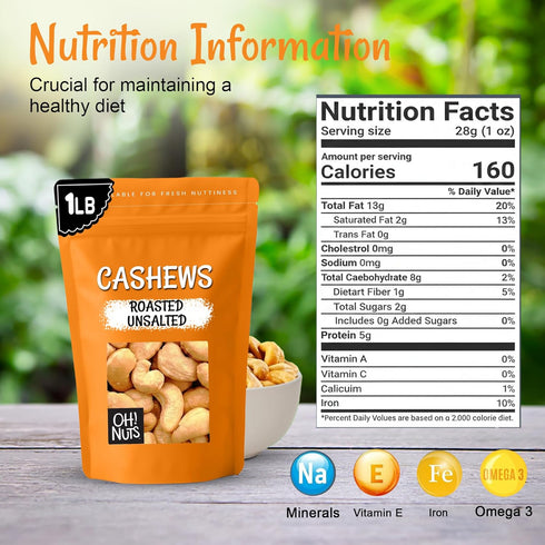 1 lb Packed Oh! Nuts Cashews Roasted Unsalted - - Roasted Unsalted Cashews - in New York Zip-Seal Bag for Exceptional