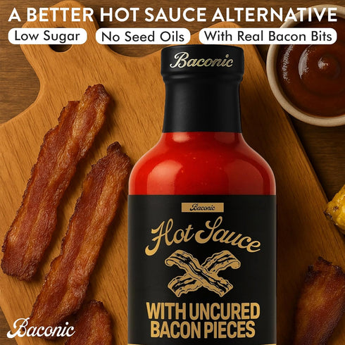 Baconic 12oz Bacon Infused Hot Sauce with Real Bacon Bits - Spicy, Zero Sugar, Keto-Friendly, No Seed Oils - Bold