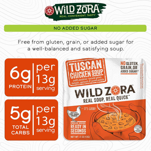 Wild Zora Instant Keto-Friendly Soups, Tuscan Chicken 8-pack, Gluten-Free, Low Carb, Flavorful Pantry Staples