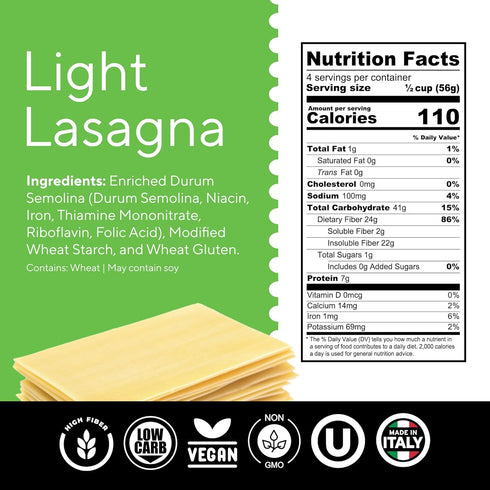 24g 110 18g 8 Oz 1 Pack Fiber Gourmet Pasta Light Lasagna Sheets - Low Net Carb Noodles with Fiber, Calories, Net Carbs