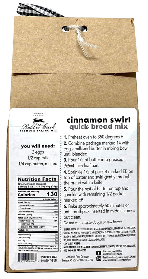 Rabbit Creek Cinnamon Swirl Quick Bread Mix Easy To Make Cinnamon Quick Bread Mix, Made in the USA, Cinnamon Quick