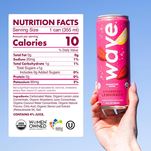 |12 Pack WAVE Organic Sparkling Drink | Low Calorie Drink, Strawberry Lemonade Lightly Carbonated | Great Natural Soda
