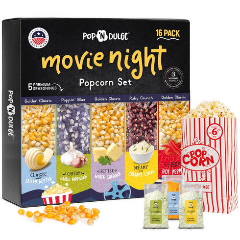 Popcorn Movie Night Supplies, 16 Pack Popcorn Kernels and Seasoning, Non-GMO Snacks, Gift Basket Idea