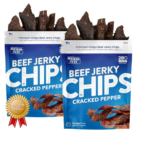 Wicked Cutz Cracked Pepper Beef Jerky Chips, 28g Protein per Bag, Crispy