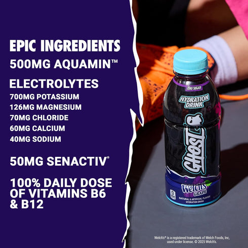16.9 Oz, 12 Pack GHOST Hydration Drink, Welchs Grape - RTD Sports Drink with Electrolytes, Natural Vitamins & Minerals
