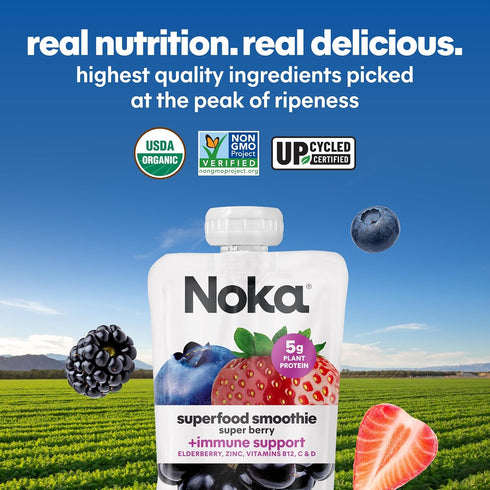 Immune 4.22 oz (Pack 12) Noka Superfood Fruit Smoothie Pouches with Support, Super Berry, Healthy Snacks with Vitamin
