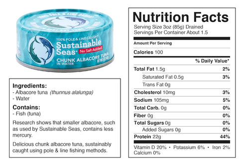 Sustainable Seas Albacore 5 3rd 100% (Pack 12), Packaging , Chunk Tuna in Water, No Salt Added, Ounce, party mercury